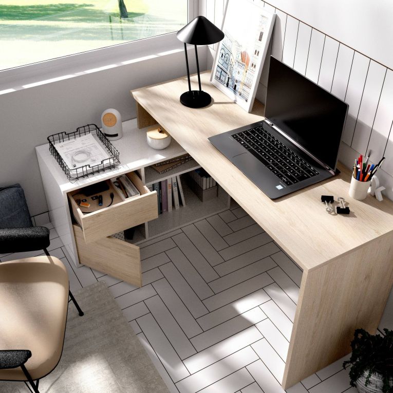 Scrivania Gardena, Scrittoio multiposizione da ufficio o cameretta, Tavolo da studio angolare multiuso, 139x92h75 cm, Bianco lucido e Rovere