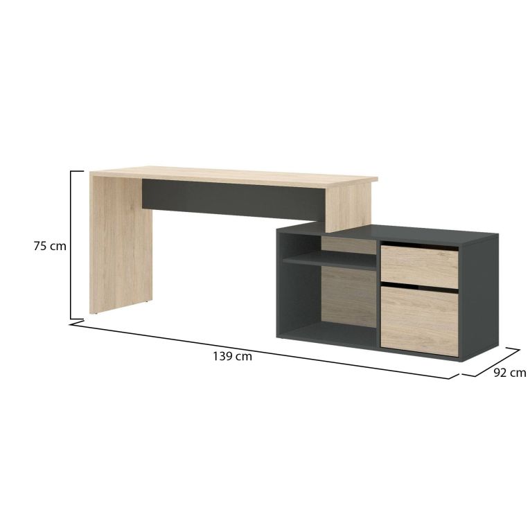Scrivania Gardena, Scrittoio multiposizione da ufficio o cameretta, Tavolo da studio angolare multiuso, 139x92h75 cm, Rovere e Antracite