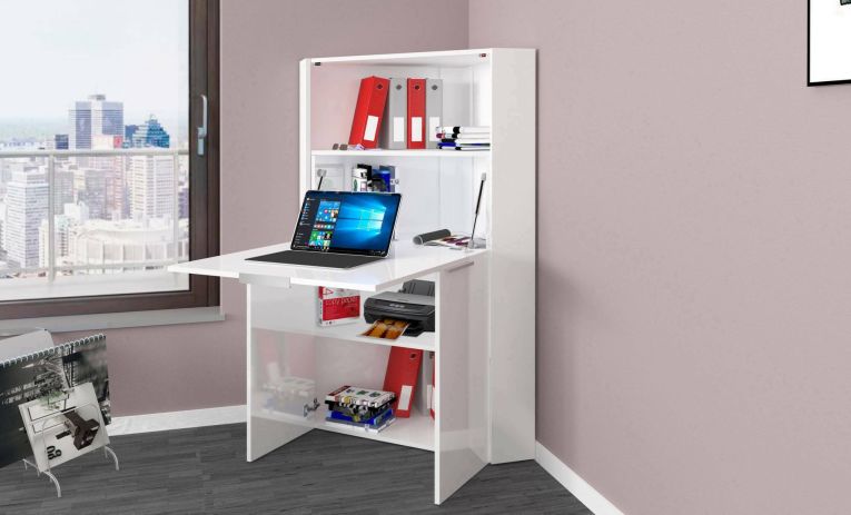 Scrivania Gianmaria, Mobile multiuso con scaffali e piano da lavoro, Tavolo multiuso per ufficio, Scrivania salvaspazio multiposizione, 100% Made in Italy, cm 70x57h140, Bianco lucido