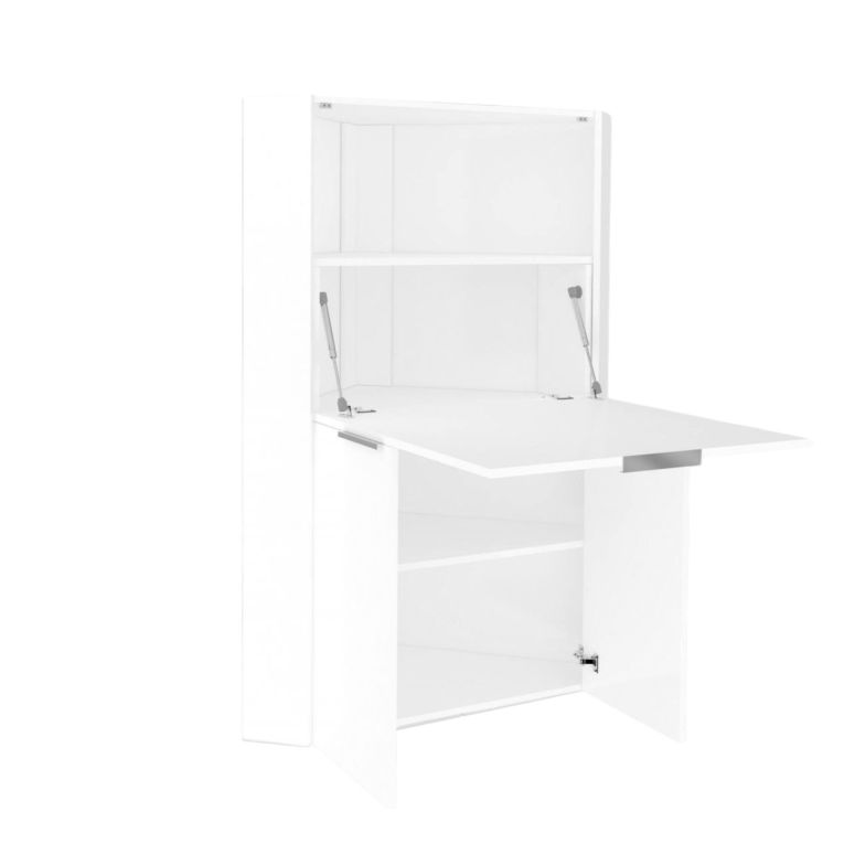 Scrivania Gianmaria, Mobile multiuso con scaffali e piano da lavoro, Tavolo multiuso per ufficio, Scrivania salvaspazio multiposizione, 100% Made in Italy, cm 70x57h140, Bianco lucido