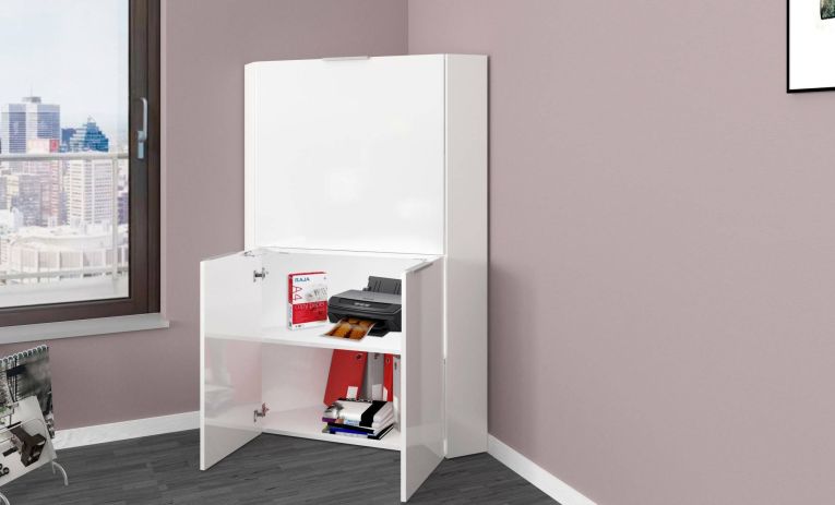 Scrivania Gianmaria, Mobile multiuso con scaffali e piano da lavoro, Tavolo multiuso per ufficio, Scrivania salvaspazio multiposizione, 100% Made in Italy, cm 70x57h140, Bianco lucido