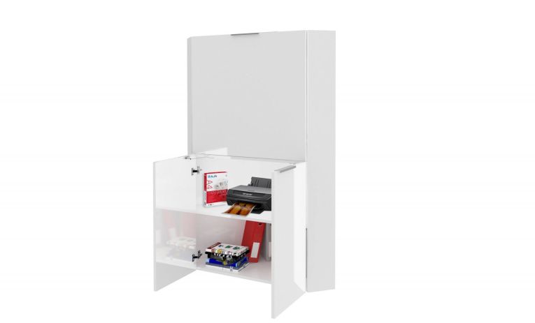 Scrivania Gianmaria, Mobile multiuso con scaffali e piano da lavoro, Tavolo multiuso per ufficio, Scrivania salvaspazio multiposizione, 100% Made in Italy, cm 70x57h140, Bianco lucido