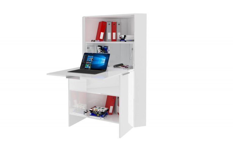 Scrivania Gianmaria, Mobile multiuso con scaffali e piano da lavoro, Tavolo multiuso per ufficio, Scrivania salvaspazio multiposizione, 100% Made in Italy, cm 70x57h140, Bianco lucido