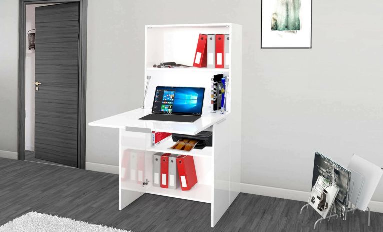 Scrivania Gianpiero, Mobile multiuso con scaffali e piano da lavoro, Tavolo multiuso per ufficio, Scrivania salvaspazio multiposizione, 100% Made in Italy, cm 70x35h140, Bianco lucido