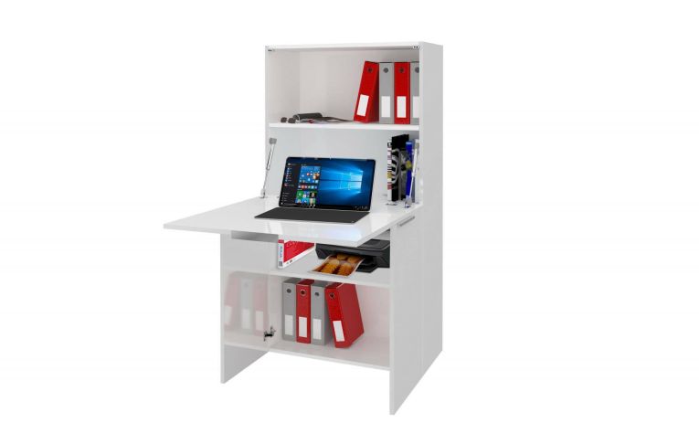 Scrivania Gianpiero, Mobile multiuso con scaffali e piano da lavoro, Tavolo multiuso per ufficio, Scrivania salvaspazio multiposizione, 100% Made in Italy, cm 70x35h140, Bianco lucido