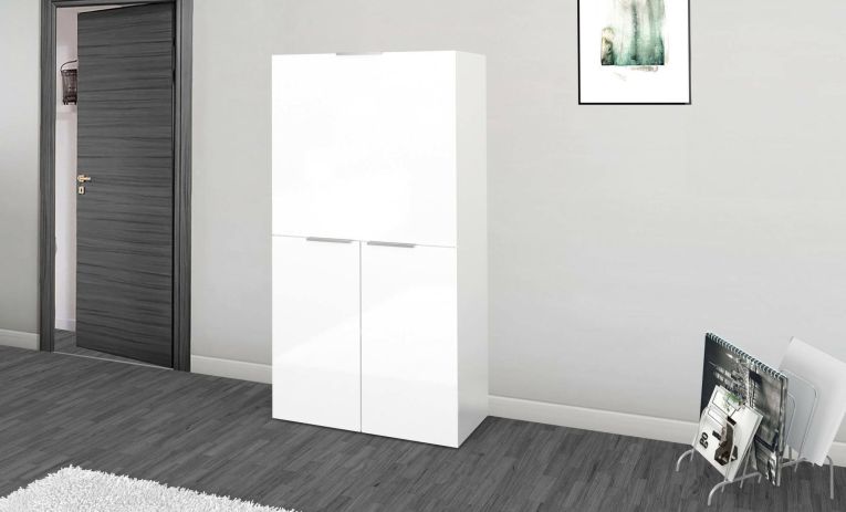 Scrivania Gianpiero, Mobile multiuso con scaffali e piano da lavoro, Tavolo multiuso per ufficio, Scrivania salvaspazio multiposizione, 100% Made in Italy, cm 70x35h140, Bianco lucido