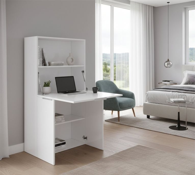 Scrivania Gianpiero, Mobile multiuso con scaffali e piano da lavoro, Tavolo multiuso per ufficio, Scrivania salvaspazio multiposizione, 100% Made in Italy, cm 70x35h140, Bianco lucido