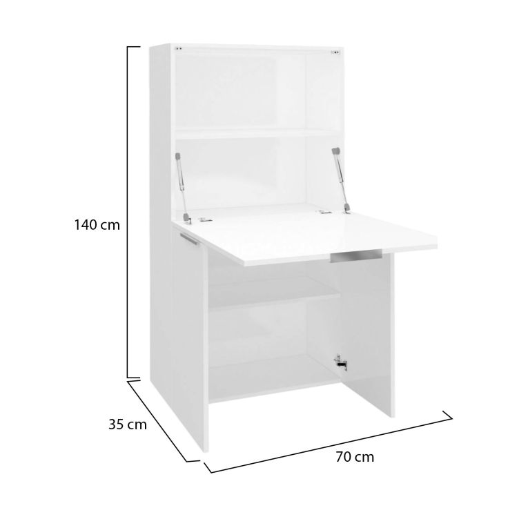Scrivania Gianpiero, Mobile multiuso con scaffali e piano da lavoro, Tavolo multiuso per ufficio, Scrivania salvaspazio multiposizione, 100% Made in Italy, cm 70x35h140, Bianco lucido