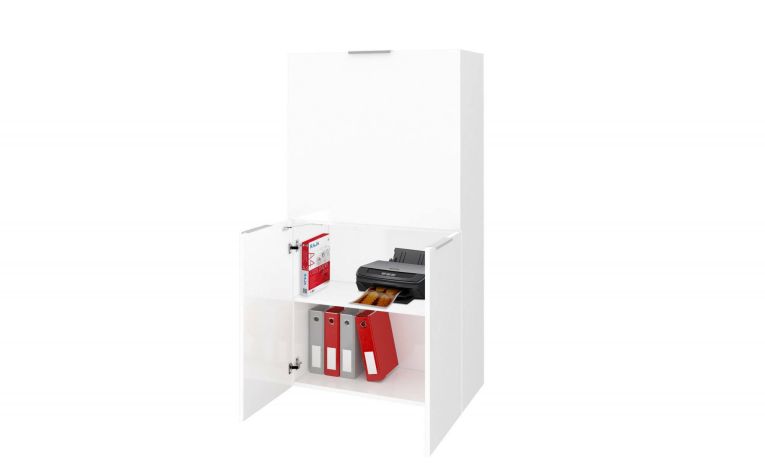 Scrivania Gianpiero, Mobile multiuso con scaffali e piano da lavoro, Tavolo multiuso per ufficio, Scrivania salvaspazio multiposizione, 100% Made in Italy, cm 70x35h140, Bianco lucido