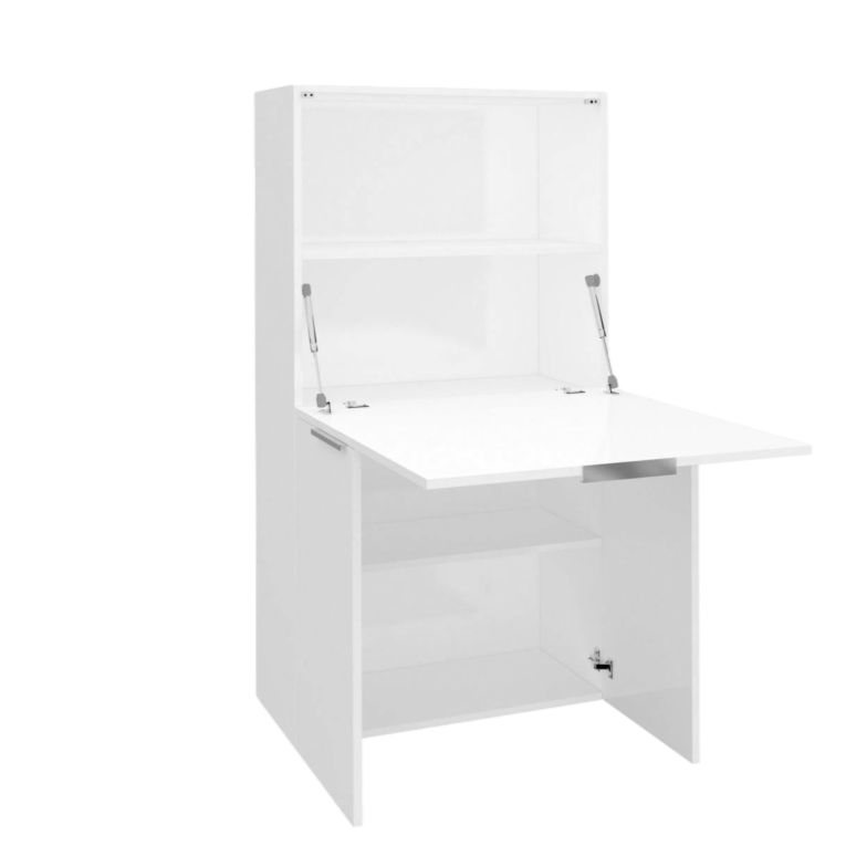 Scrivania Gianpiero, Mobile multiuso con scaffali e piano da lavoro, Tavolo multiuso per ufficio, Scrivania salvaspazio multiposizione, 100% Made in Italy, cm 70x35h140, Bianco lucido