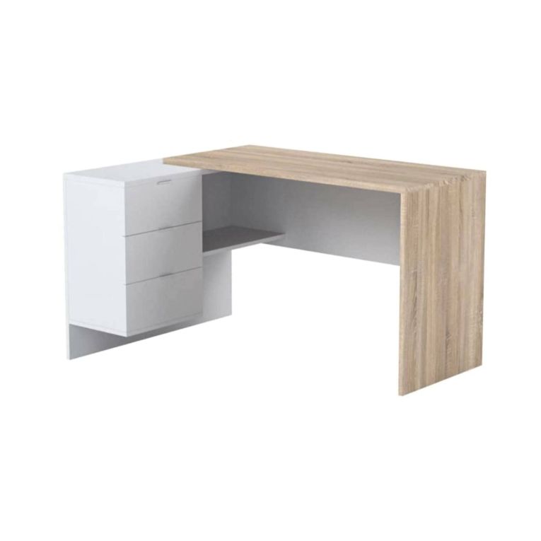 Scrivania Greensboro, Scrittoio multifunzione reversibile da ufficio con cassettiera, Tavolo da studio o ufficio porta PC ad angolo, 145x108h73 cm, Rovere e Bianco