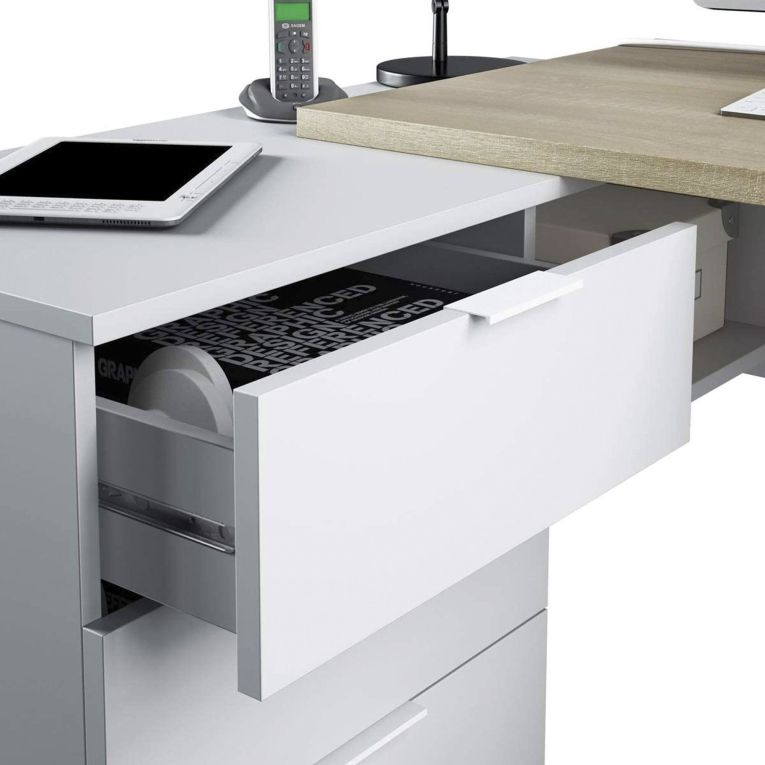 Scrivania Greensboro, Scrittoio multifunzione reversibile da ufficio con cassettiera, Tavolo da studio o ufficio porta PC ad angolo, 145x108h73 cm, Rovere e Bianco