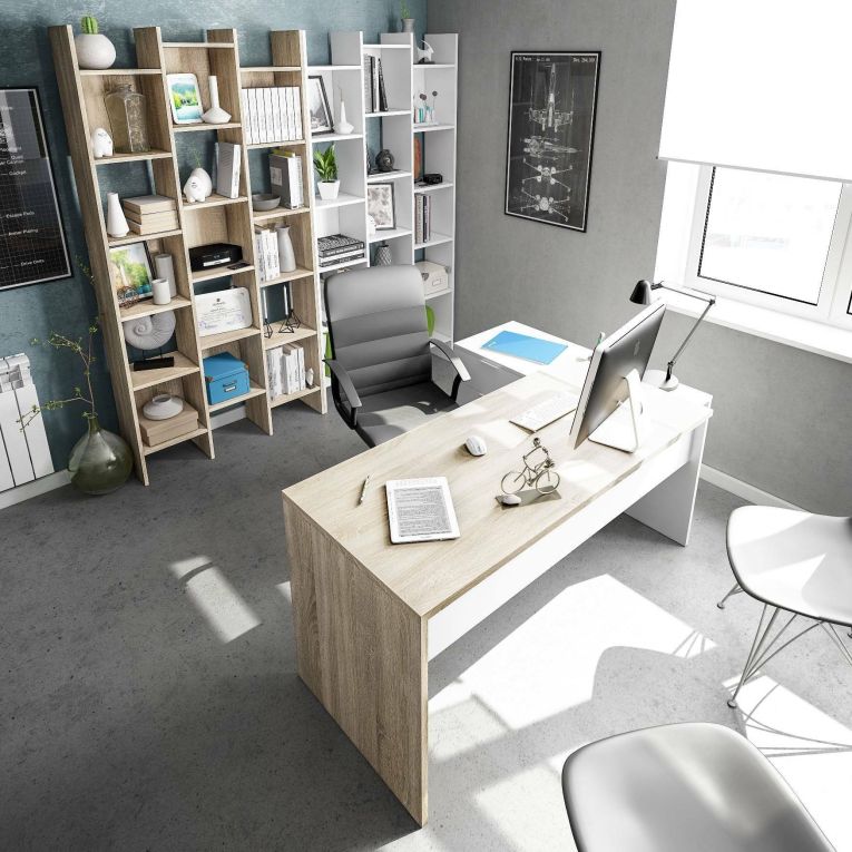 Scrivania Greensboro, Scrittoio multifunzione reversibile da ufficio con cassettiera, Tavolo da studio o ufficio porta PC ad angolo, 145x108h73 cm, Rovere e Bianco