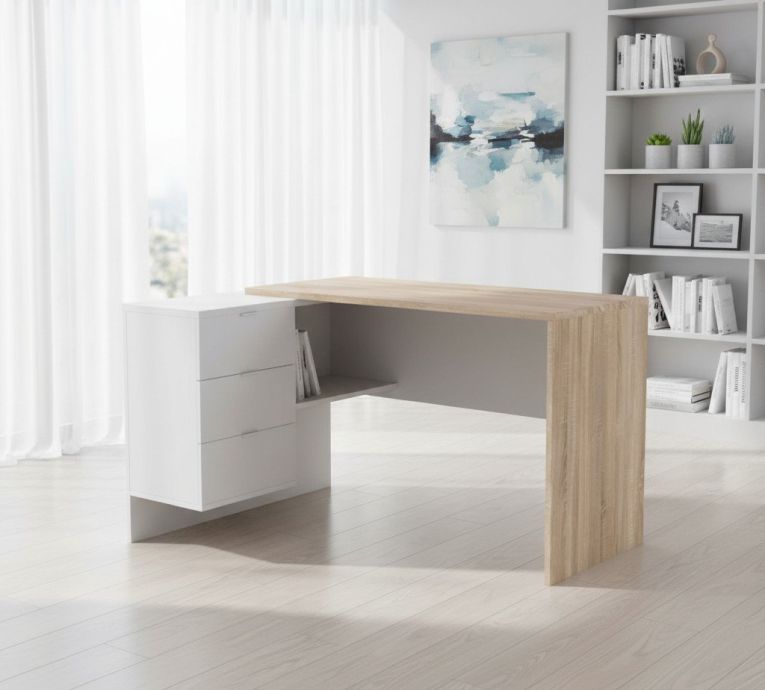 Scrivania Greensboro, Scrittoio multifunzione reversibile da ufficio con cassettiera, Tavolo da studio o ufficio porta PC ad angolo, 145x108h73 cm, Rovere e Bianco