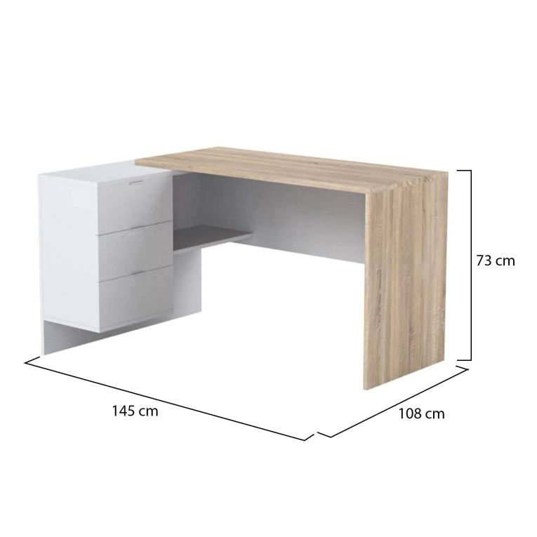 Scrivania Greensboro, Scrittoio multifunzione reversibile da ufficio con cassettiera, Tavolo da studio o ufficio porta PC ad angolo, 145x108h73 cm, Rovere e Bianco
