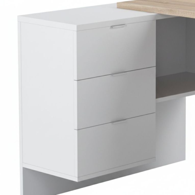 Scrivania Greensboro, Scrittoio multifunzione reversibile da ufficio con cassettiera, Tavolo da studio o ufficio porta PC ad angolo, 145x108h73 cm, Rovere e Bianco