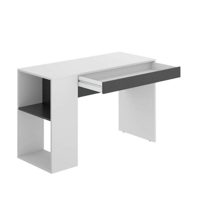 Scrivania Grigna, Scrittoio multiuso da ufficio o cameretta, Tavolo da studio lineare con scaffali, 115x50h74 cm, Bianco e Antracite