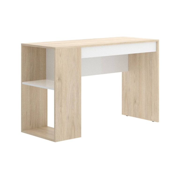 Scrivania Grigna, Scrittoio multiuso da ufficio o cameretta, Tavolo da studio lineare con scaffali, 115x50h74 cm, Rovere e Bianco