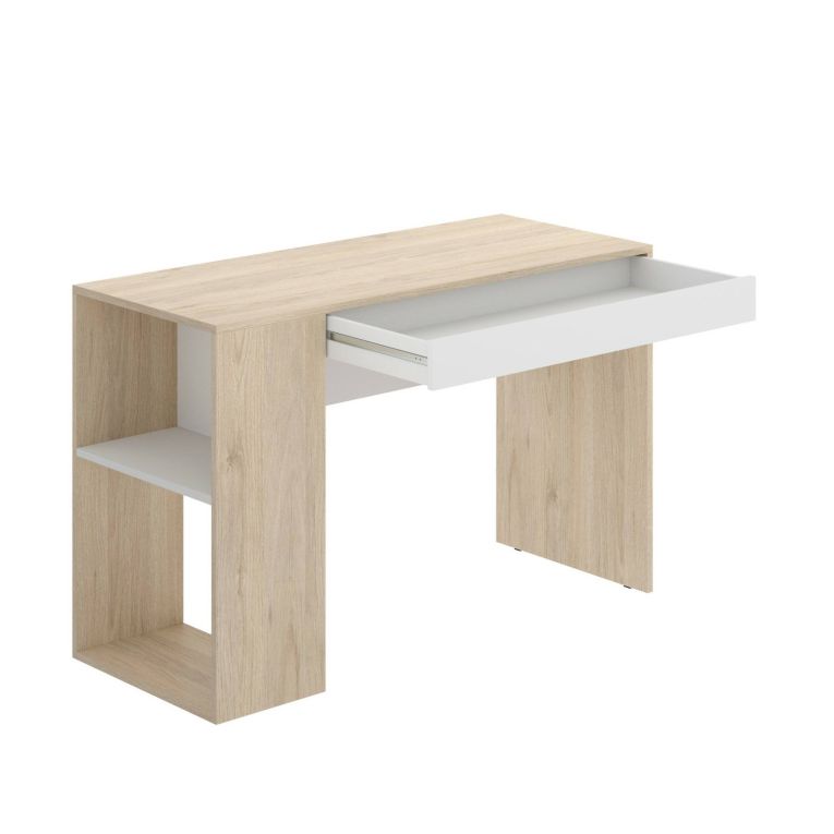 Scrivania Grigna, Scrittoio multiuso da ufficio o cameretta, Tavolo da studio lineare con scaffali, 115x50h74 cm, Rovere e Bianco