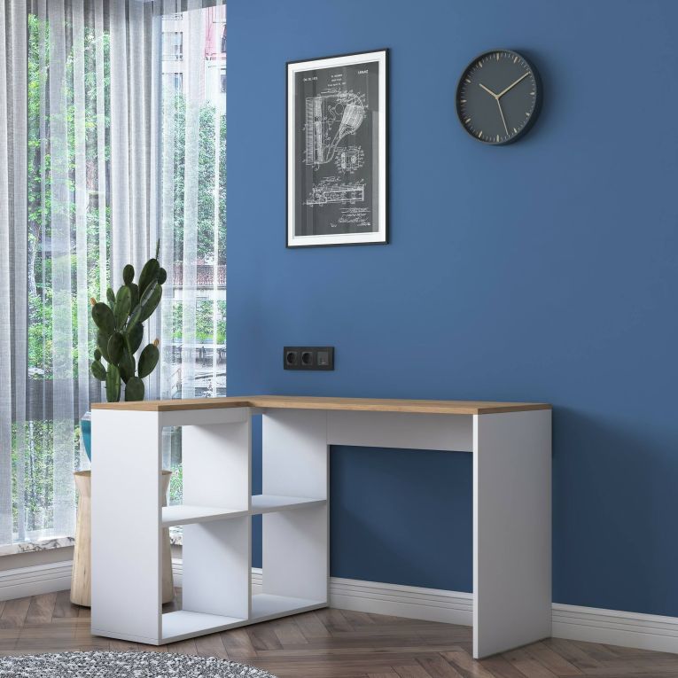 Scrivania Hercules, Scrittoio multiuso, Tavolo per ufficio porta PC, Piano di lavoro, 120x50 h75 cm, Quercia e Bianco