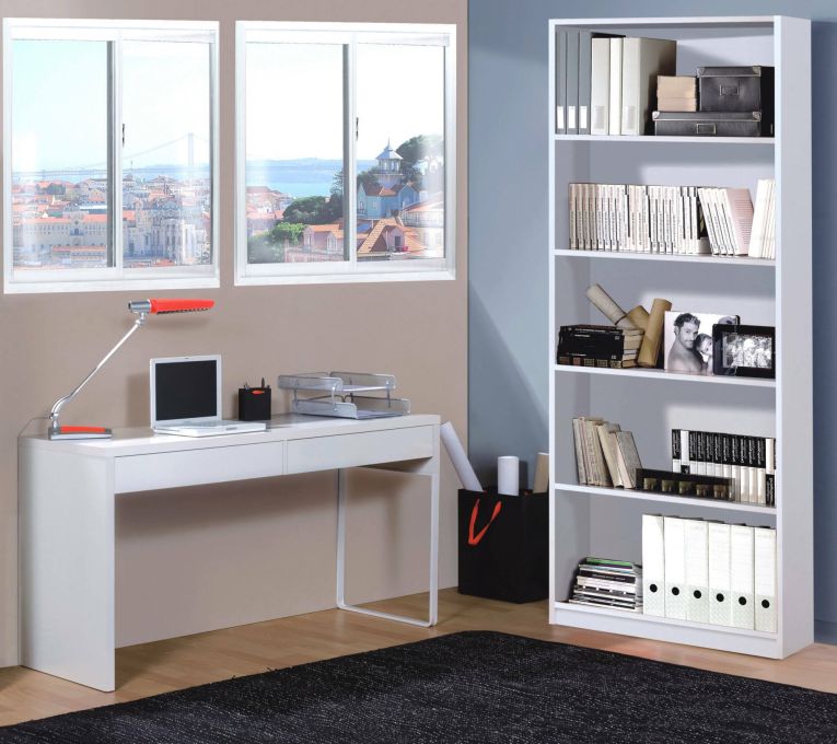 Scrivania Houston, Scrittoio multifunzione reversibile da ufficio, Tavolo da studio porta PC con 2 cassetti, 138x50h75 cm, Bianco