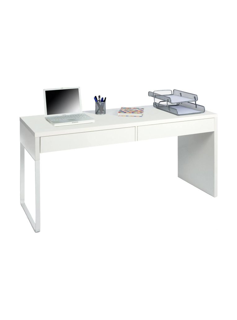 Scrivania Houston, Scrittoio multifunzione reversibile da ufficio, Tavolo da studio porta PC con 2 cassetti, 138x50h75 cm, Bianco