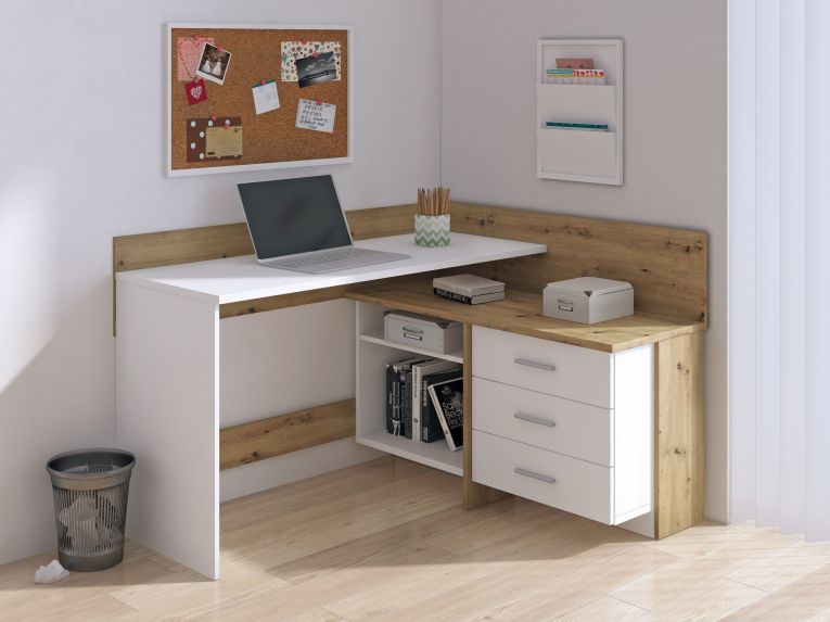 Scrivania Hudson, Scrittoio multiuso, Tavolo per ufficio porta PC, Piano di lavoro, 130x112h82 cm, Bianco e Rovere Nodi
