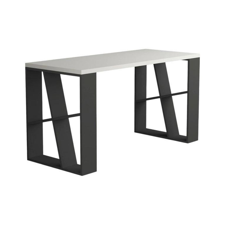 Scrivania Ishara, Scrittoio multiuso, Tavolo per ufficio porta PC, Piano di lavoro, 140x60 h75 cm, Bianco e Antracite