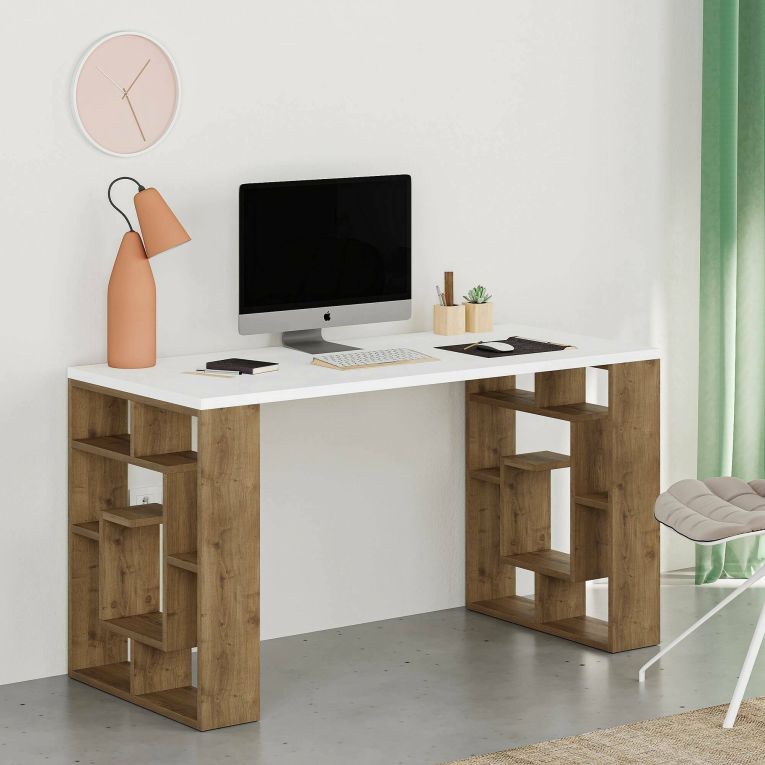 Scrivania Kallisto, Scrittoio multiuso, Tavolo per ufficio porta PC, Piano di lavoro, 140x60 h75 cm, Bianco e Marrone