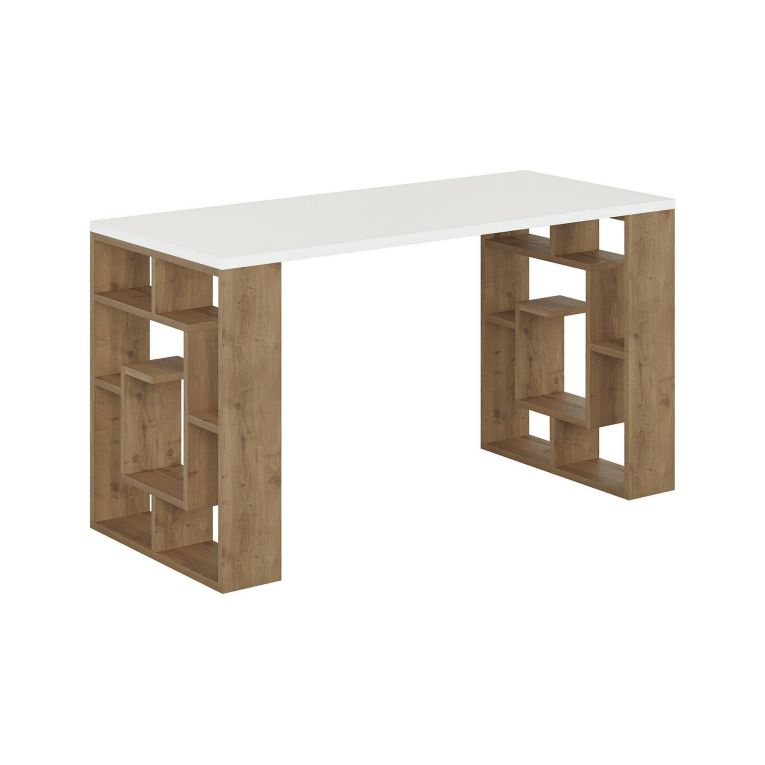 Scrivania Kallisto, Scrittoio multiuso, Tavolo per ufficio porta PC, Piano di lavoro, 140x60 h75 cm, Bianco e Marrone