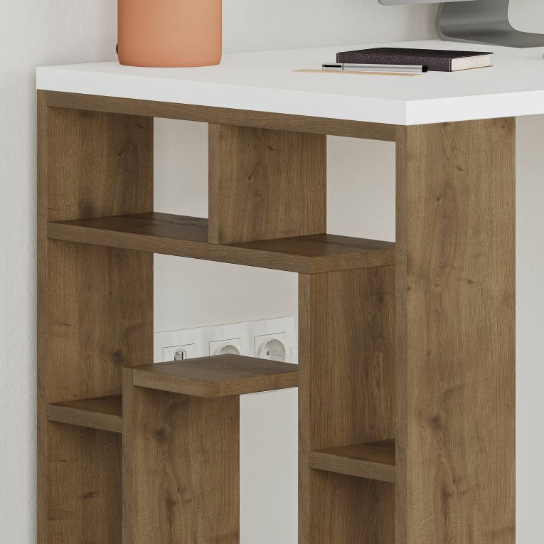 Scrivania Kallisto, Scrittoio multiuso, Tavolo per ufficio porta PC, Piano di lavoro, 140x60 h75 cm, Bianco e Marrone