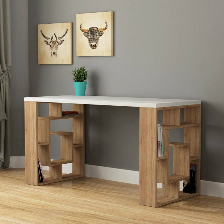 Scrivania Kallisto, Scrittoio multiuso, Tavolo per ufficio porta PC, Piano di lavoro, 140x60 h75 cm, Bianco e Quercia