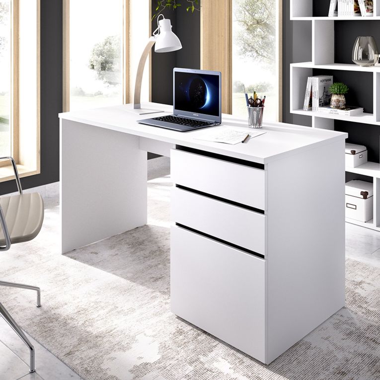 Scrivania Lagoni, Scrittoio multiuso da ufficio o cameretta, Tavolo da studio lineare con 2 cassetti e 1 anta, 139x60h75 cm, Bianco lucido