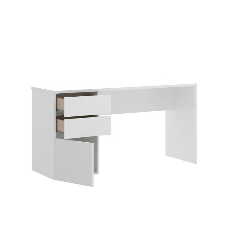Scrivania Lagoni, Scrittoio multiuso da ufficio o cameretta, Tavolo da studio lineare con 2 cassetti e 1 anta, 139x60h75 cm, Bianco lucido
