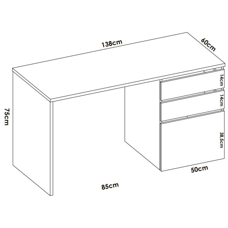 Scrivania Lagoni, Scrittoio multiuso da ufficio o cameretta, Tavolo da studio lineare con 2 cassetti e 1 anta, 139x60h75 cm, Bianco lucido