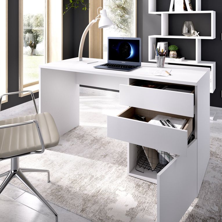 Scrivania Lagoni, Scrittoio multiuso da ufficio o cameretta, Tavolo da studio lineare con 2 cassetti e 1 anta, 139x60h75 cm, Bianco lucido