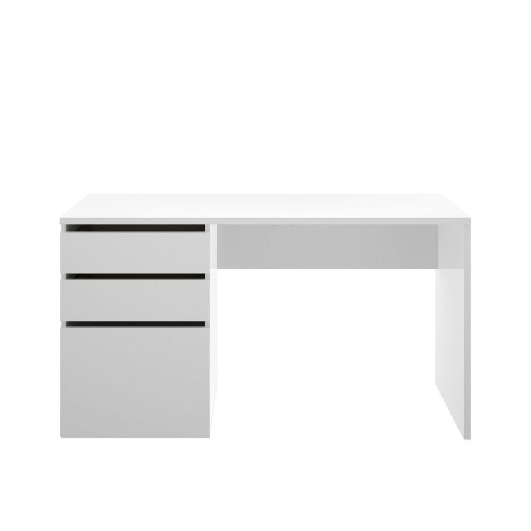 Scrivania Lagoni, Scrittoio multiuso da ufficio o cameretta, Tavolo da studio lineare con 2 cassetti e 1 anta, 139x60h75 cm, Bianco lucido