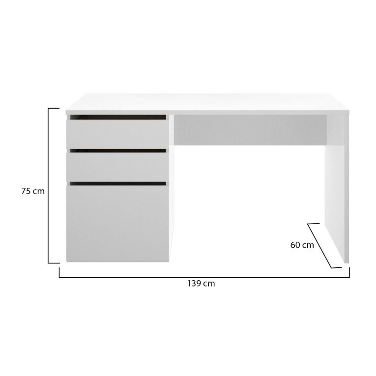 Scrivania Lagoni, Scrittoio multiuso da ufficio o cameretta, Tavolo da studio lineare con 2 cassetti e 1 anta, 139x60h75 cm, Bianco lucido
