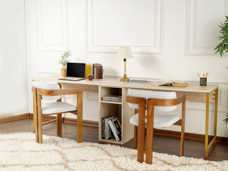 Scrivania lineare beige e oro 240x60cm con supporto computer - Violet