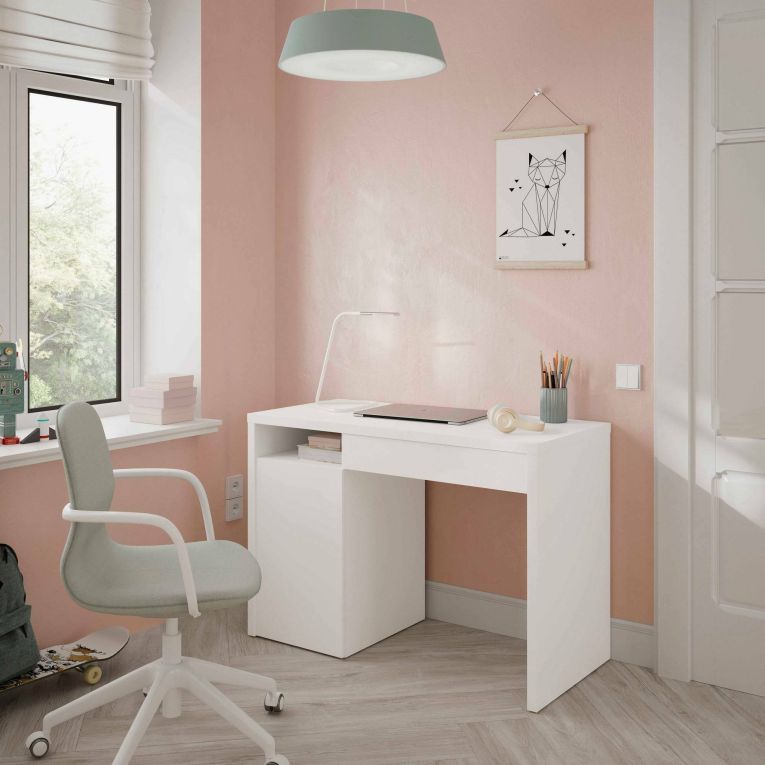 Scrivania lineare bianca 108x50cm con 1 cassetto - Ally