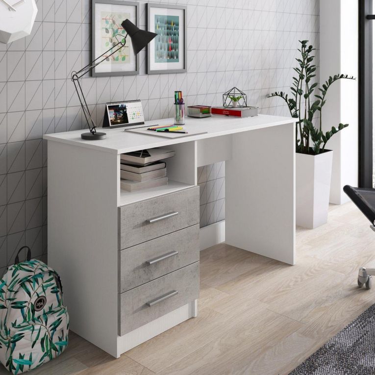 Scrivania lineare bianca e cemento 120x48cm con 3 cassetti - Ardauli