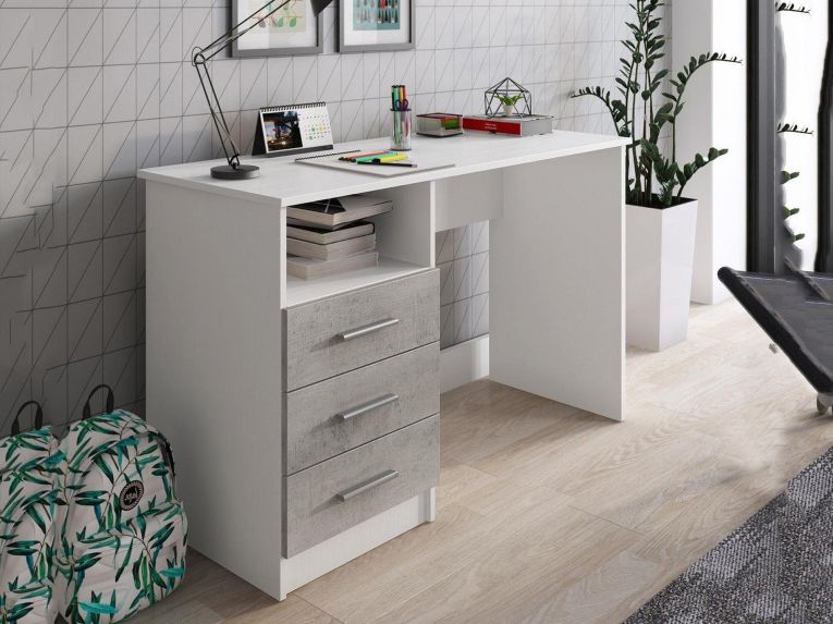 Scrivania lineare bianca e cemento 120x48cm con 3 cassetti - Ardauli