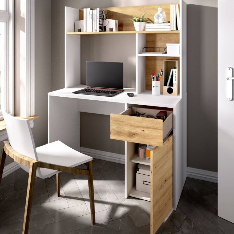 Scrivania lineare bianca e legno 110x50cm con libreria - Zefiro