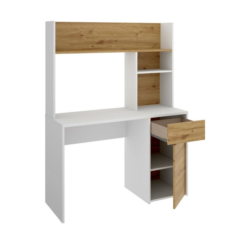 Scrivania lineare bianca e legno 110x50cm con libreria - Zefiro