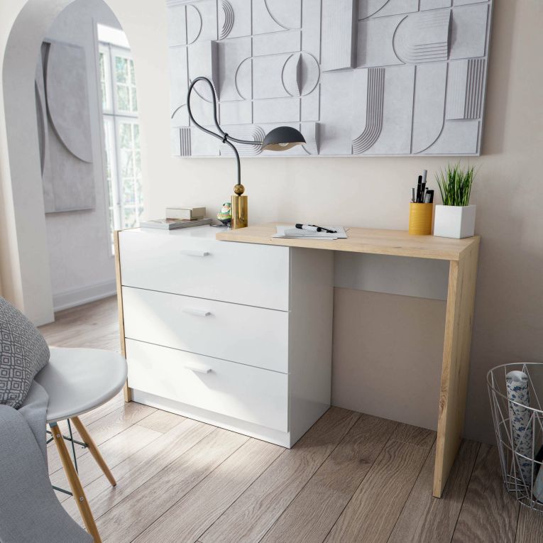Scrivania lineare bianca e legno 130x40cm con 3 cassetti - Armando