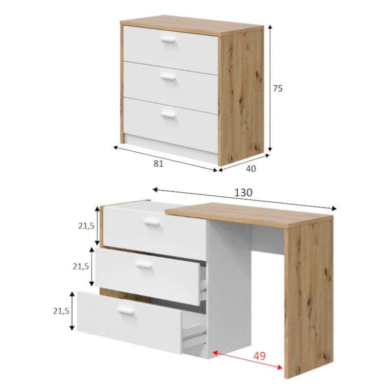 Scrivania lineare bianca e legno 130x40cm con 3 cassetti - Armando