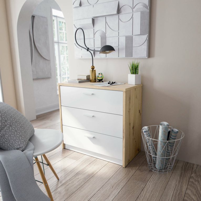 Scrivania lineare bianca e legno 130x40cm con 3 cassetti - Armando