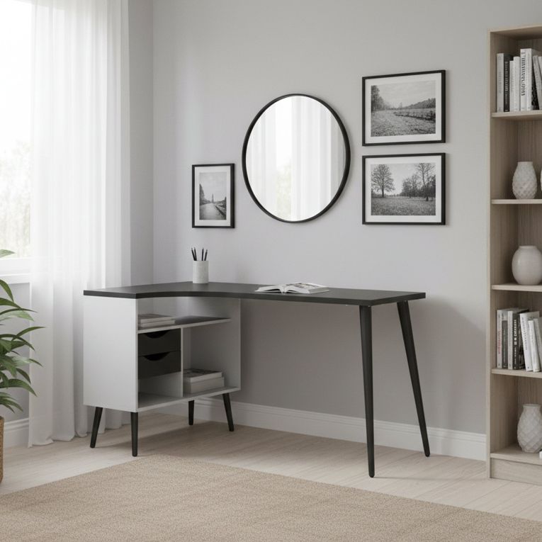 Scrivania lineare bianca e nera 145x81cm con 2 cassetti - Katherine