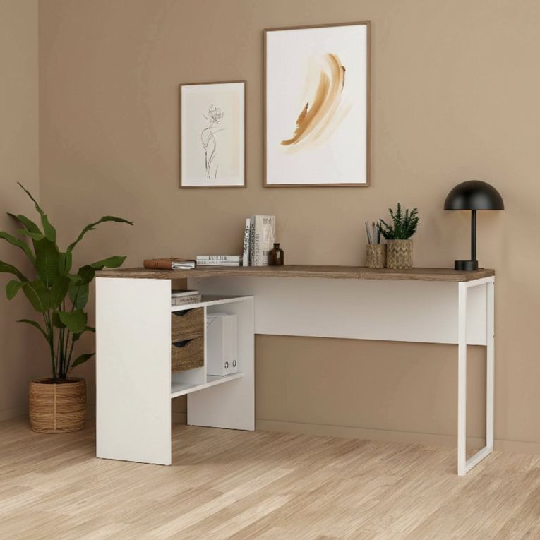Scrivania lineare bianca e noce 145x81cm con 2 cassetti - Moire