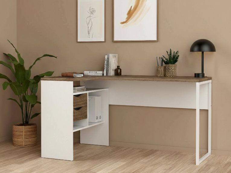 Scrivania lineare bianca e noce 145x81cm con 2 cassetti - Moire